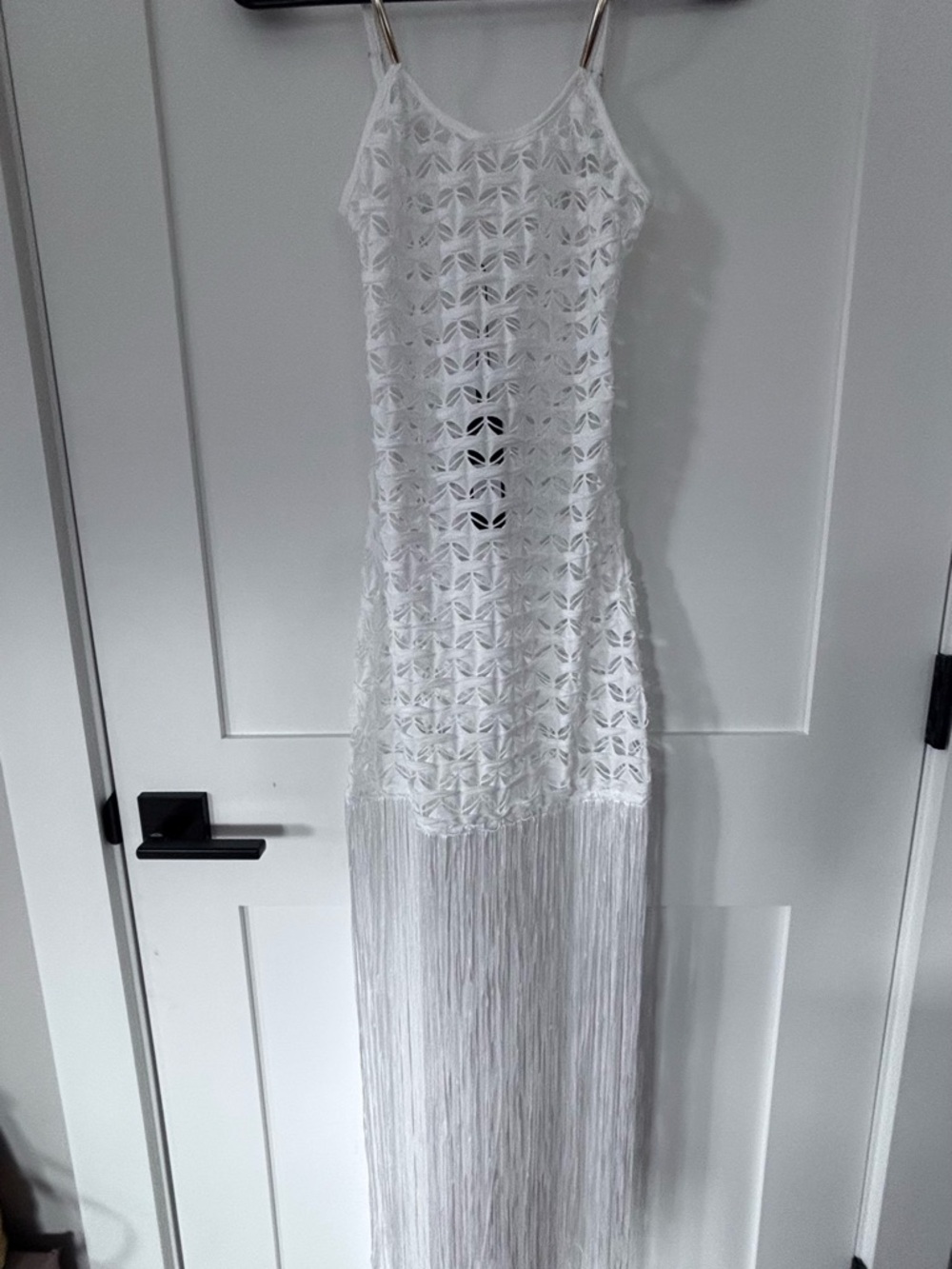Fashion Nova White Crochet Fringe Maxi Dress